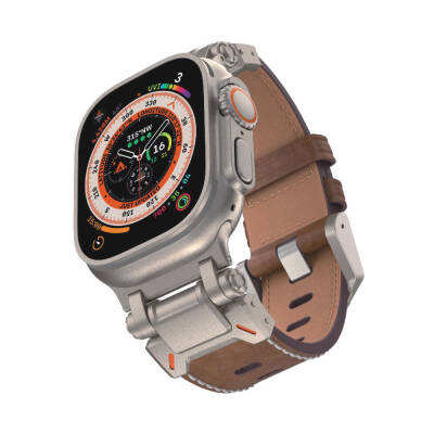 Apple Watch 7 45mm Zore KRD-114 Metal Başlıklı Suni Deri Kordon - Zore