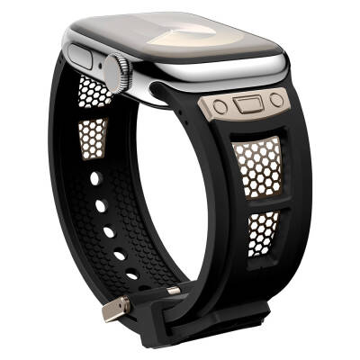 Apple Watch 7 45mm Zore KRD-117 Breathable Perforated Metal Decorated Patterned Silicone Band - 13