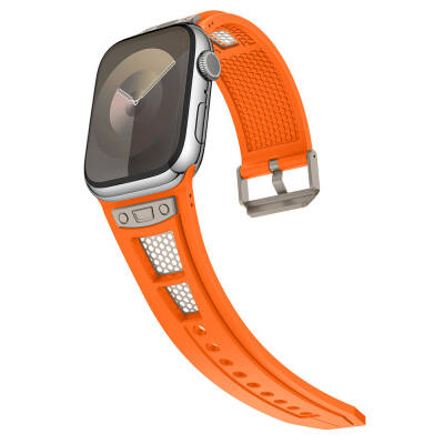 Apple Watch 7 45mm Zore KRD-117 Breathable Perforated Metal Decorated Patterned Silicone Band - 11