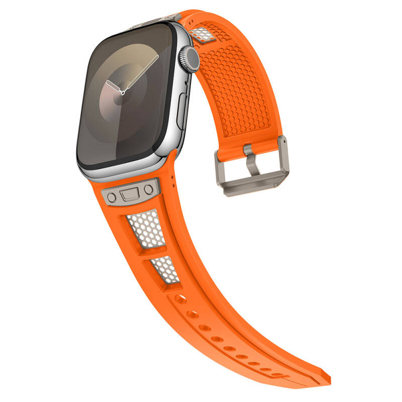 Apple Watch 7 45mm Zore KRD-117 Breathable Perforated Metal Decorated Patterned Silicone Band - 11