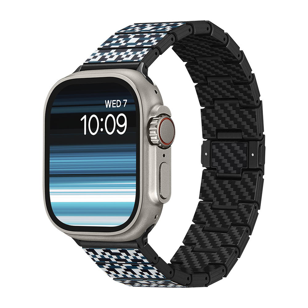 Apple Watch Serisi Uyumlu Aramid Fiber ve Karbon Fiber Pitaka Dreamland ChromaCarbon Serisi Mosaic Universal Kordon - Mavi-Beyaz