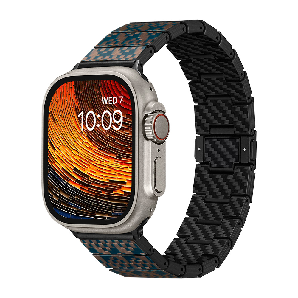 Apple Watch Serisi Uyumlu Aramid Fiber ve Karbon Fiber Pitaka Dreamland ChromaCarbon Serisi Stairs Universal Kordon - Mavi-Kahverengi