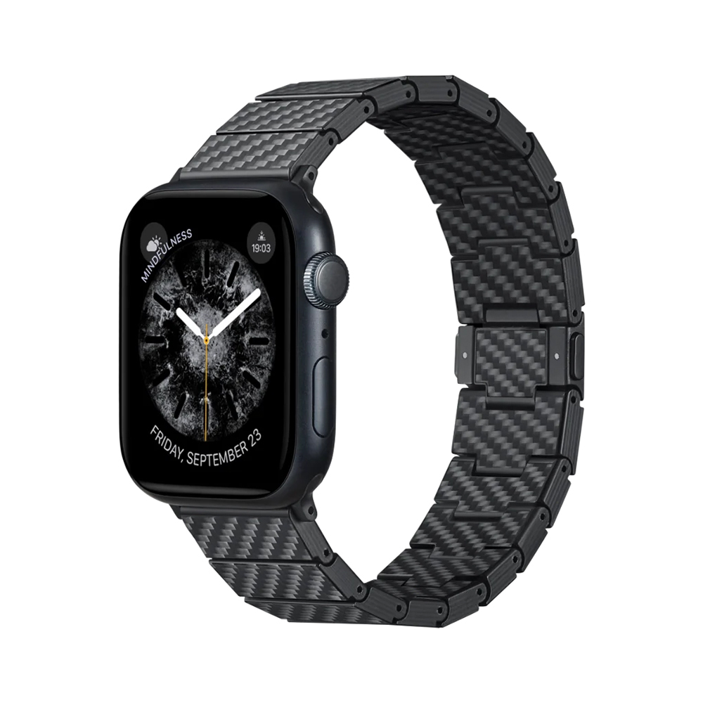 Apple Watch Serisi Uyumlu Karbon Fiber Pitaka Modern Serisi Black-Grey Twill Universal Kordon - Siyah-Gri
