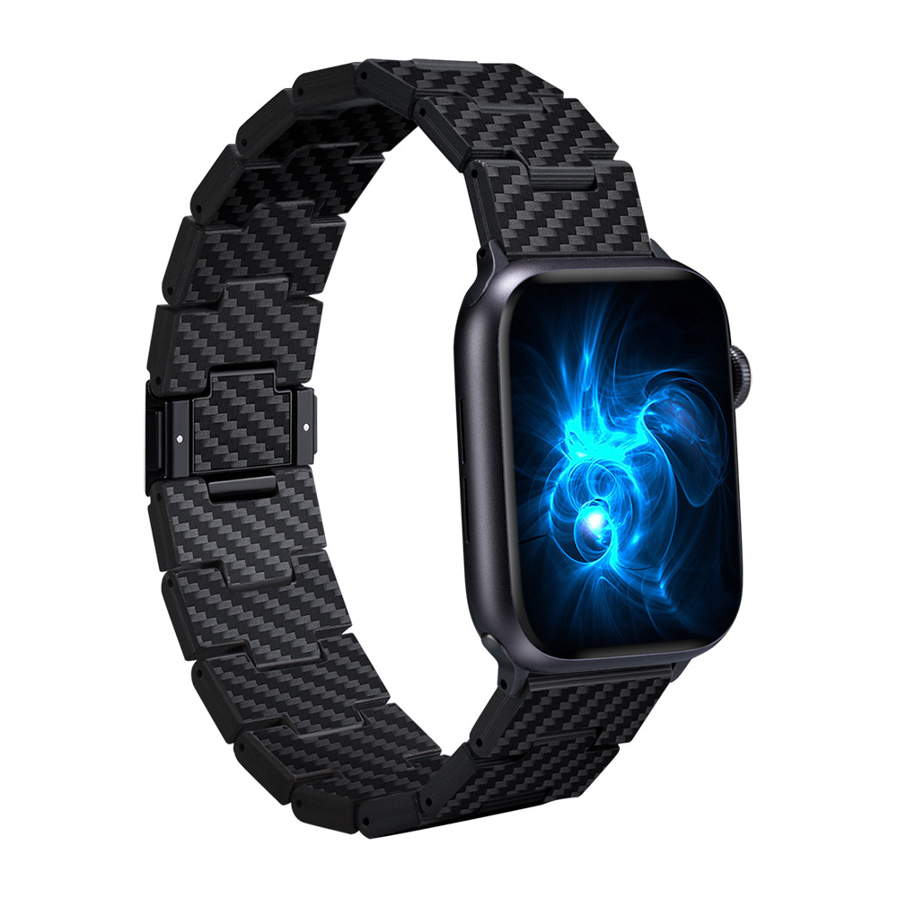 Apple Watch Serisi Uyumlu Karbon Fiber Pitaka Retro Serisi Black-Grey Twill Universal Kordon - Siyah-Gri