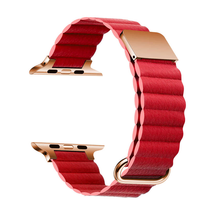 ​​​Apple Watch Ultra 49mm KRD-78 PU Deri Kordon Strap Kayış - Kırmızı