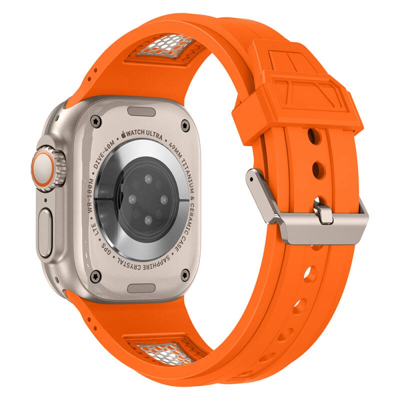 Apple Watch Ultra 49mm Zore KRD-117 Breathable Perforated Metal Decorated Patterned Silicone Band - 10