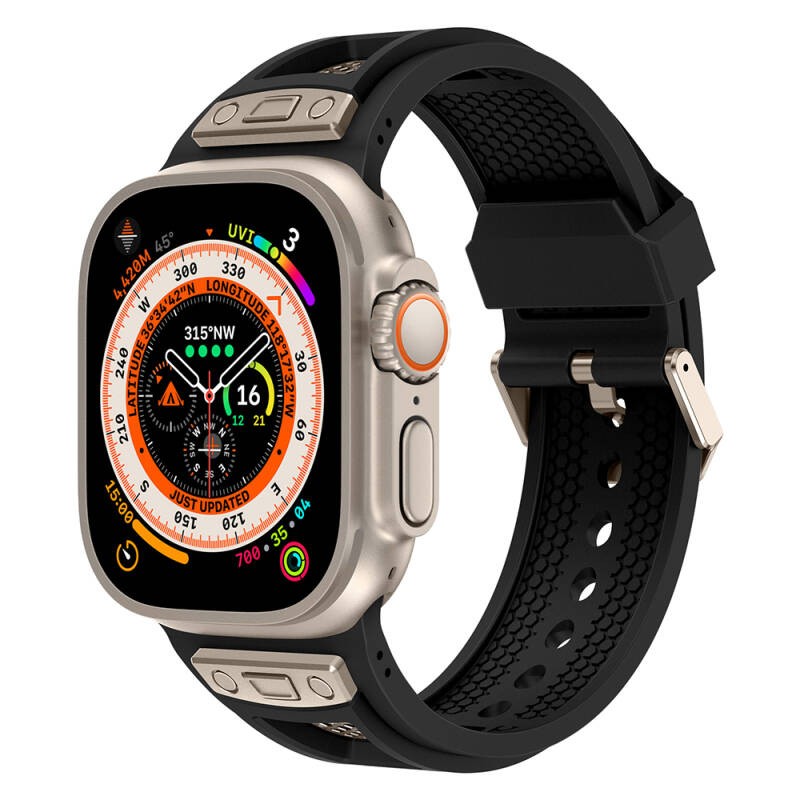 Apple Watch Ultra 49mm Zore KRD-117 Breathable Perforated Metal Decorated Patterned Silicone Band - 4