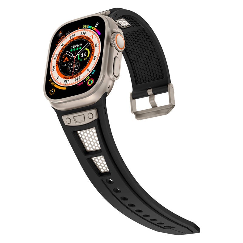 Apple Watch Ultra 49mm Zore KRD-117 Breathable Perforated Metal Decorated Patterned Silicone Band - 13