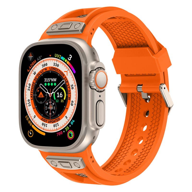 Apple Watch Ultra 49mm Zore KRD-117 Breathable Perforated Metal Decorated Patterned Silicone Band - 6