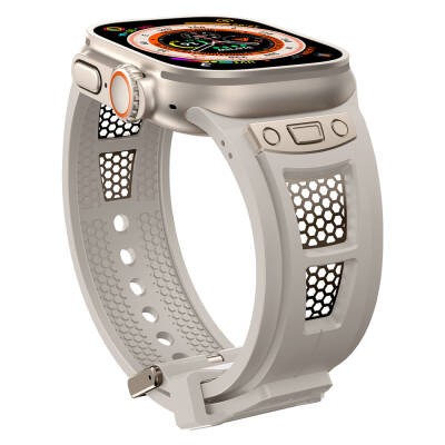 Apple Watch Ultra 49mm Zore KRD-117 Breathable Perforated Metal Decorated Patterned Silicone Band - 14