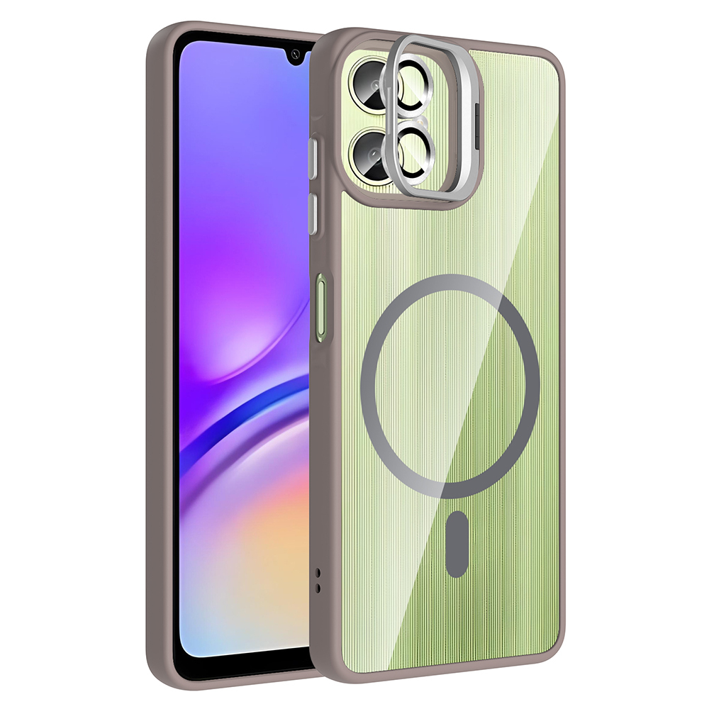Galaxy A06 Kılıf Standlı ve Kamera Lens Hediyeli M-Safe Şarj Özellikli NXXA Etro Kapak - Gri