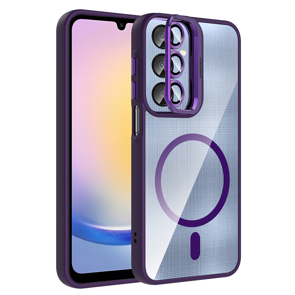 Galaxy A25 Kılıf Standlı ve Kamera Lens Hediyeli M-Safe Şarj Özellikli NXXA Etro Kapak - Derin Mor