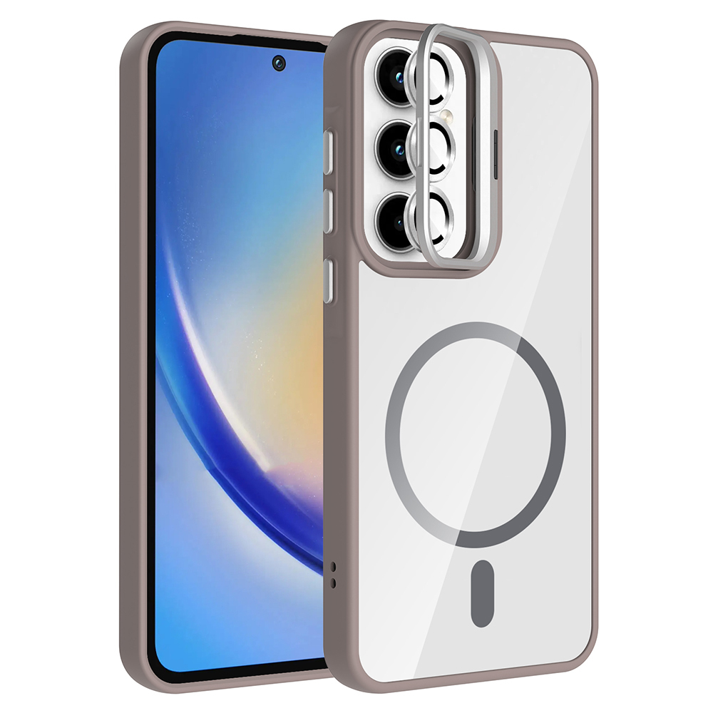 Galaxy A35 Kılıf Standlı ve Kamera Lens Hediyeli M-Safe Şarj Özellikli NXXA Etro Kapak - Gri