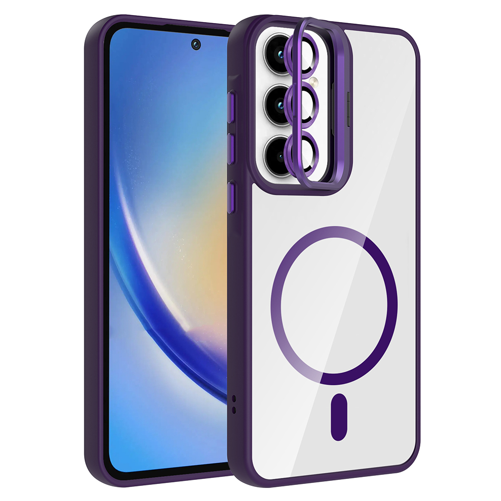 Galaxy A35 Kılıf Standlı ve Kamera Lens Hediyeli M-Safe Şarj Özellikli NXXA Etro Kapak - Derin Mor