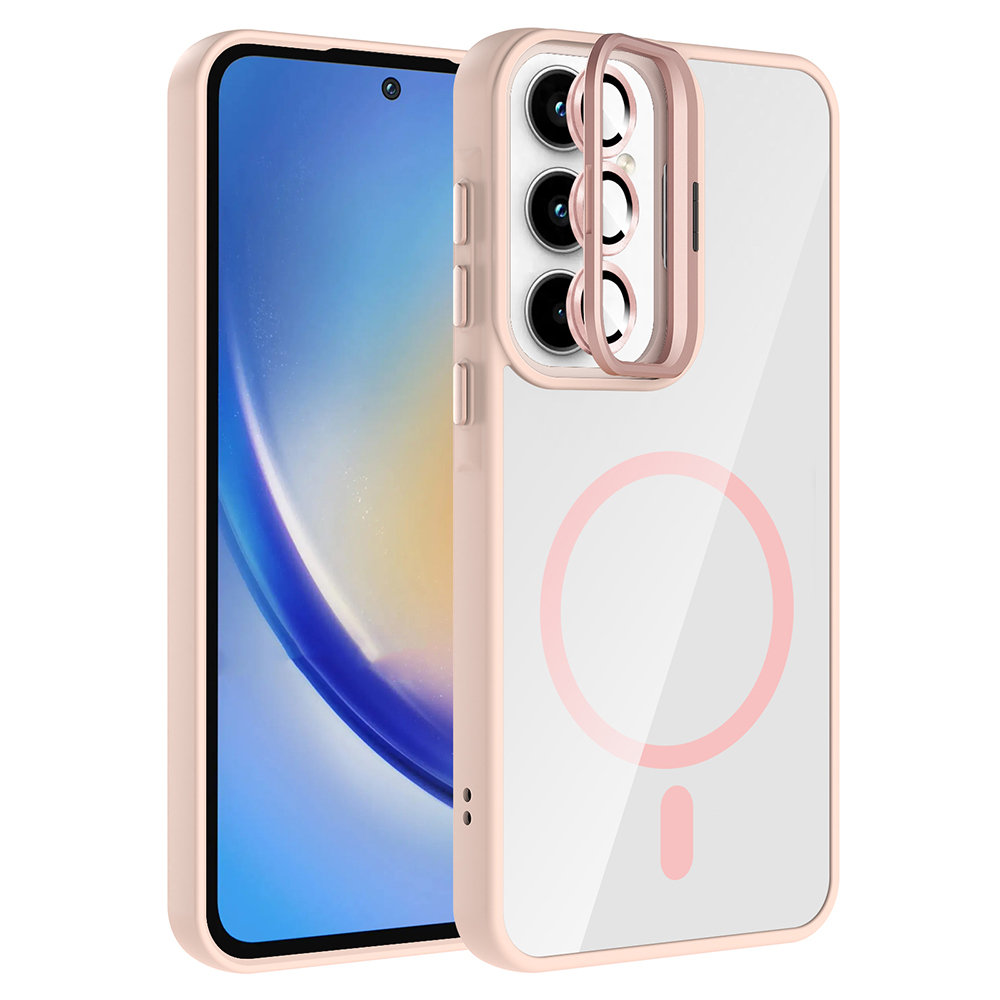 Galaxy A55 Kılıf Standlı ve Kamera Lens Hediyeli M-Safe Şarj Özellikli NXXA Etro Kapak - Pembe
