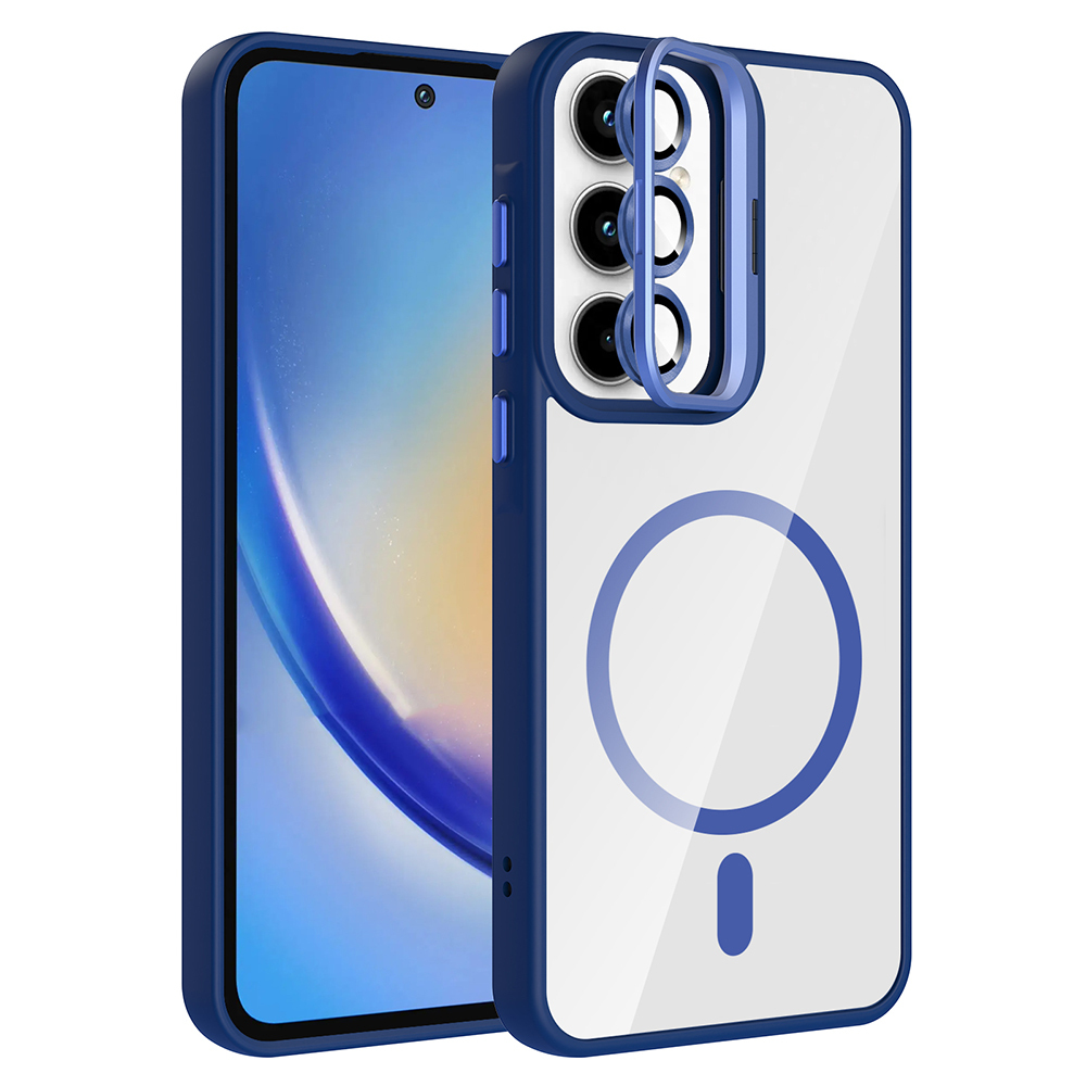 Galaxy A55 Kılıf Standlı ve Kamera Lens Hediyeli M-Safe Şarj Özellikli NXXA Etro Kapak - Lacivert