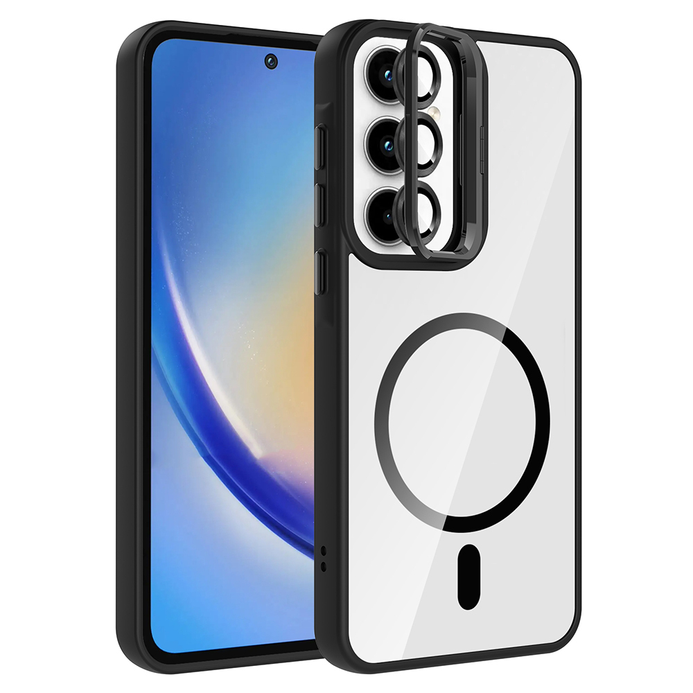 Galaxy A55 Kılıf Standlı ve Kamera Lens Hediyeli M-Safe Şarj Özellikli NXXA Etro Kapak - Siyah