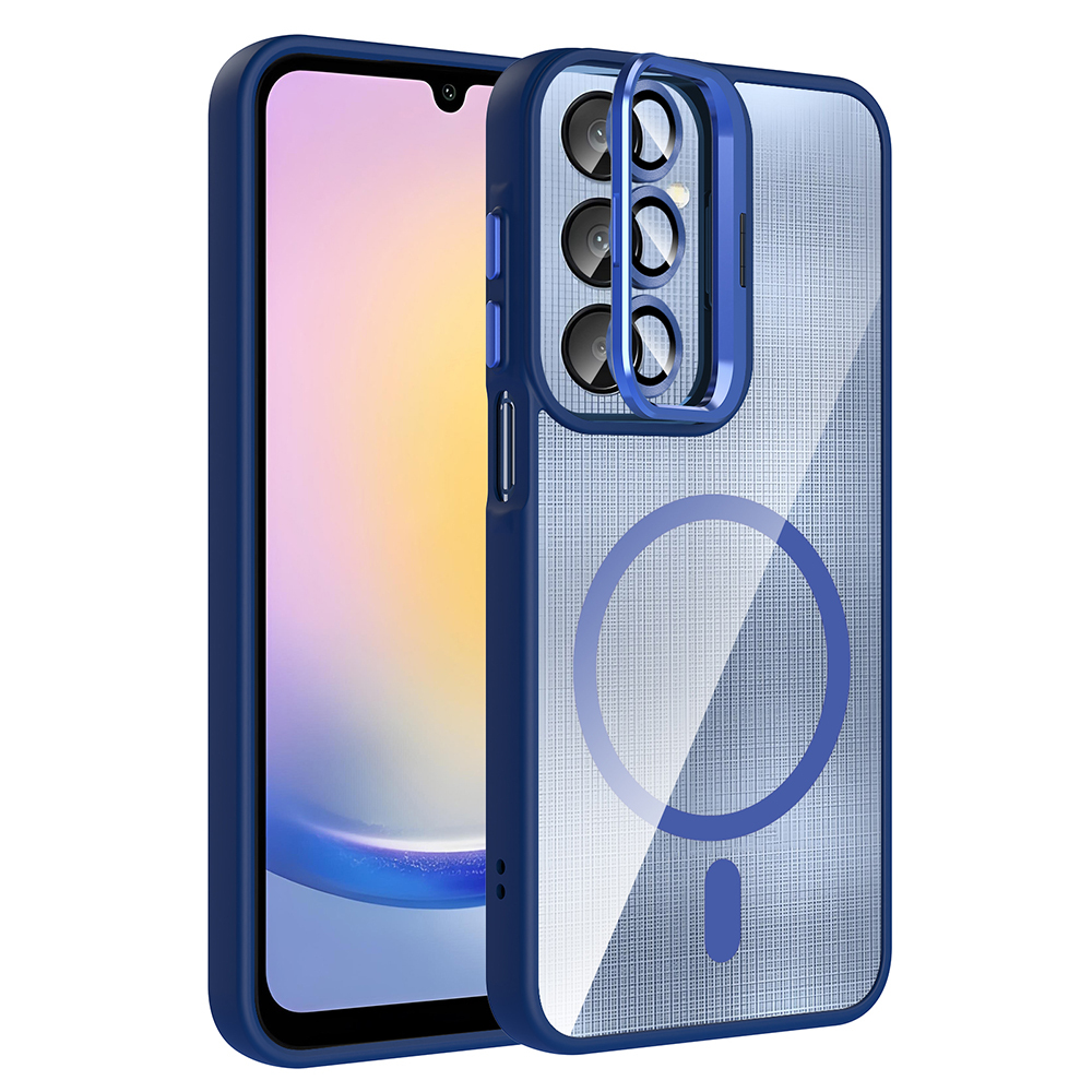Galaxy A56 Kılıf Standlı ve Kamera Lens Hediyeli M-Safe Şarj Özellikli Zore Etro Kapak - Lacivert