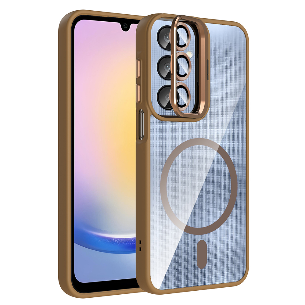 Galaxy A56 Kılıf Standlı ve Kamera Lens Hediyeli M-Safe Şarj Özellikli Zore Etro Kapak - Desert Titanyum