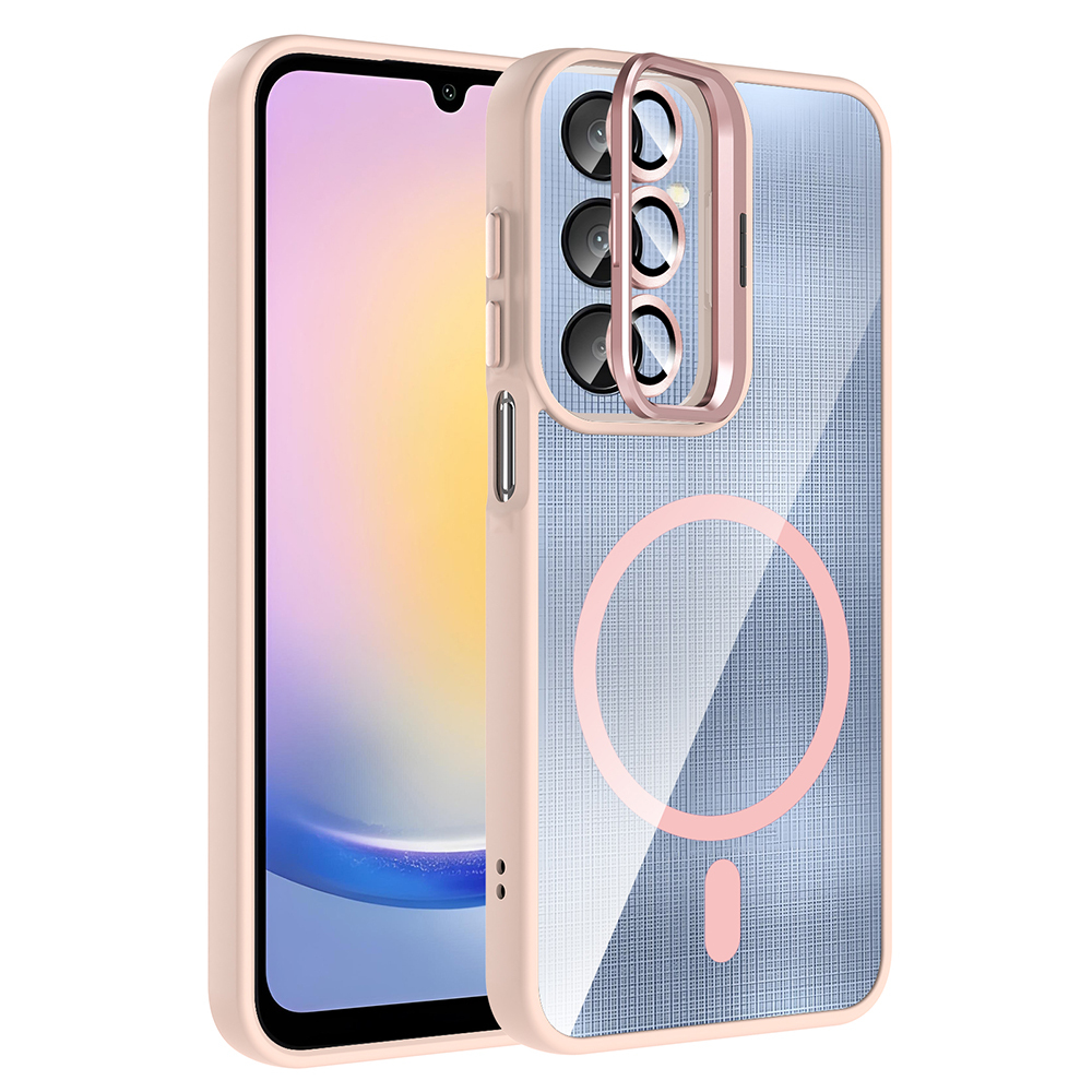 Galaxy A56 Kılıf Standlı ve Kamera Lens Hediyeli M-Safe Şarj Özellikli Zore Etro Kapak - Pembe