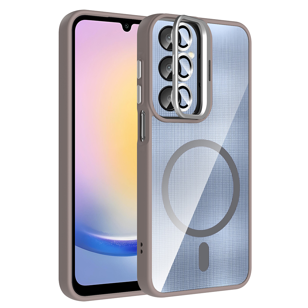 Galaxy A56 Kılıf Standlı ve Kamera Lens Hediyeli M-Safe Şarj Özellikli Zore Etro Kapak - Gri