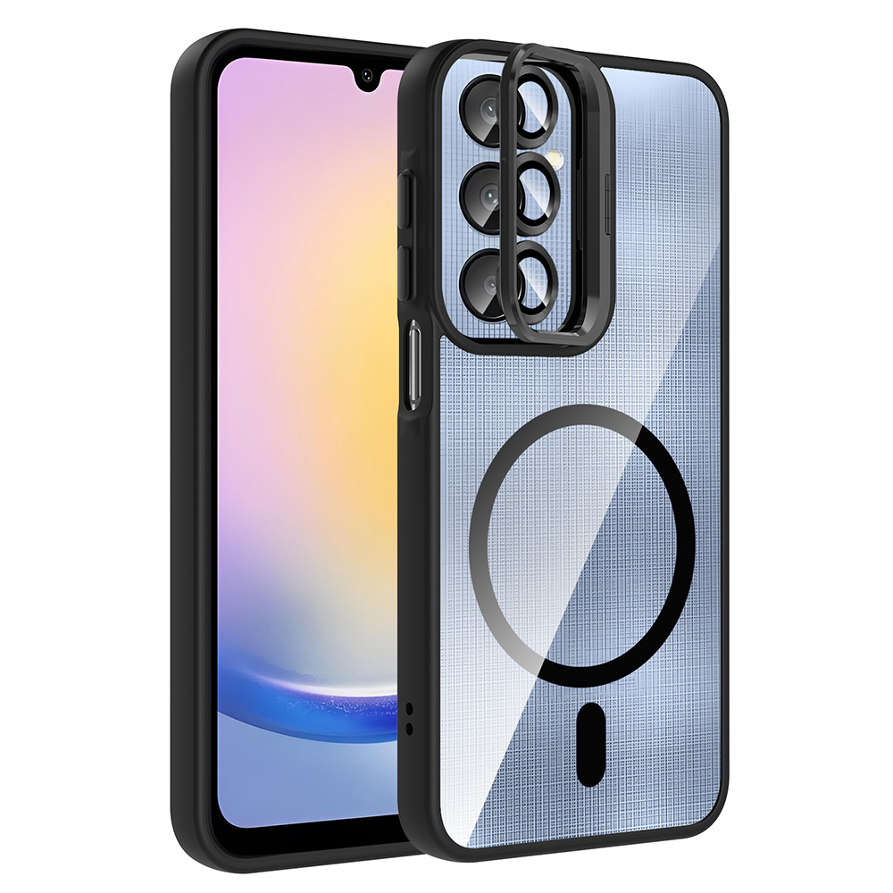 Galaxy A56 Kılıf Standlı ve Kamera Lens Hediyeli M-Safe Şarj Özellikli Zore Etro Kapak - Siyah
