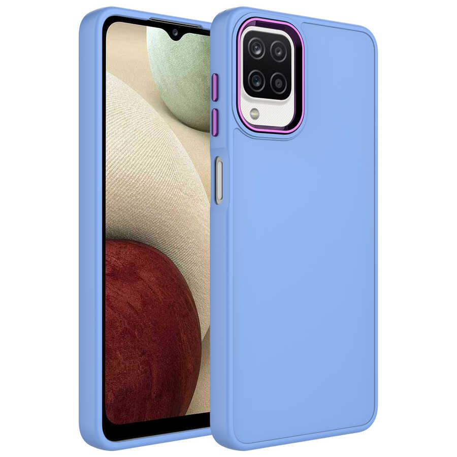 Galaxy M12 Kılıf Metal Çerçeve ve Buton Tasarımlı Silikon Zore Luna Kapak - Lila
