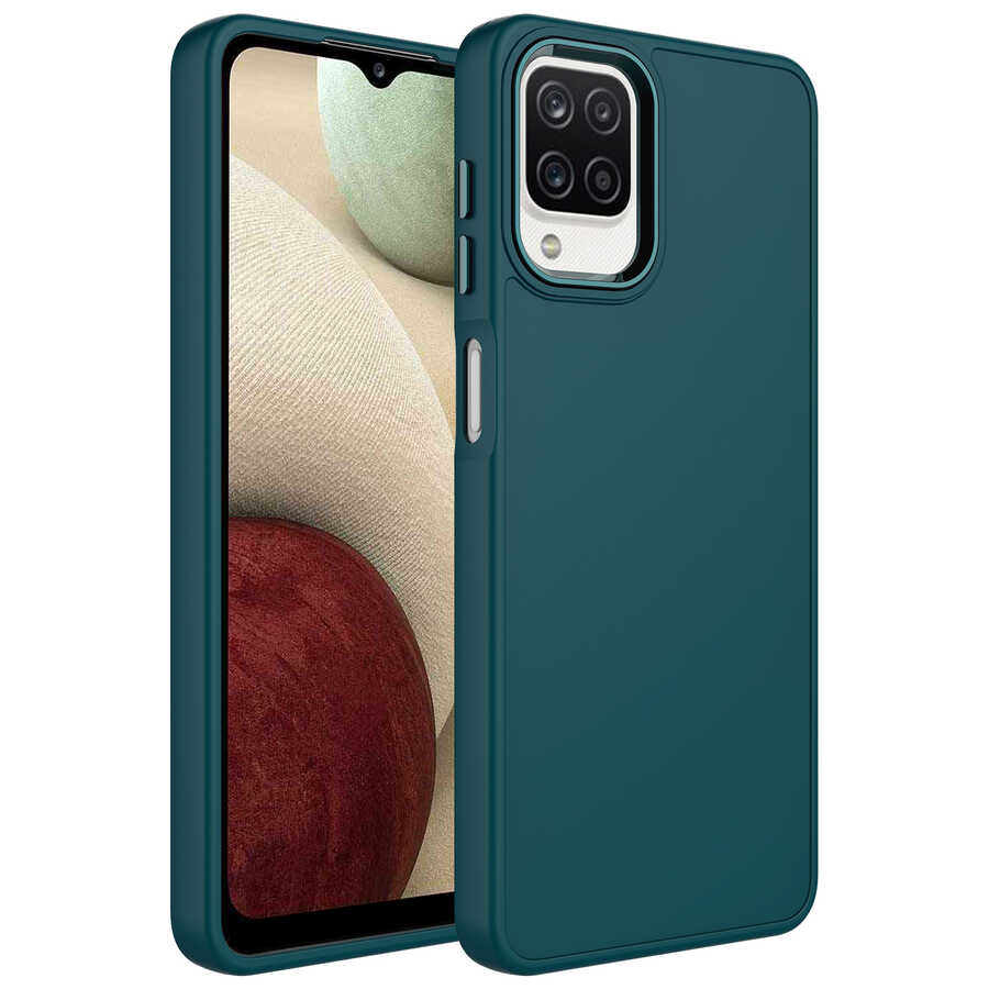 Galaxy M12 Kılıf Metal Çerçeve ve Buton Tasarımlı Silikon Zore Luna Kapak - Koyu Yeşil