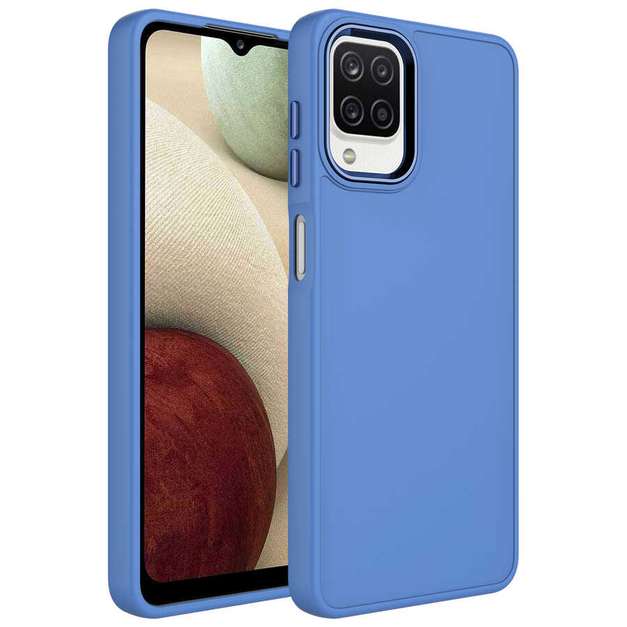Galaxy M12 Kılıf Metal Çerçeve ve Buton Tasarımlı Silikon Zore Luna Kapak - Lavendery Gray