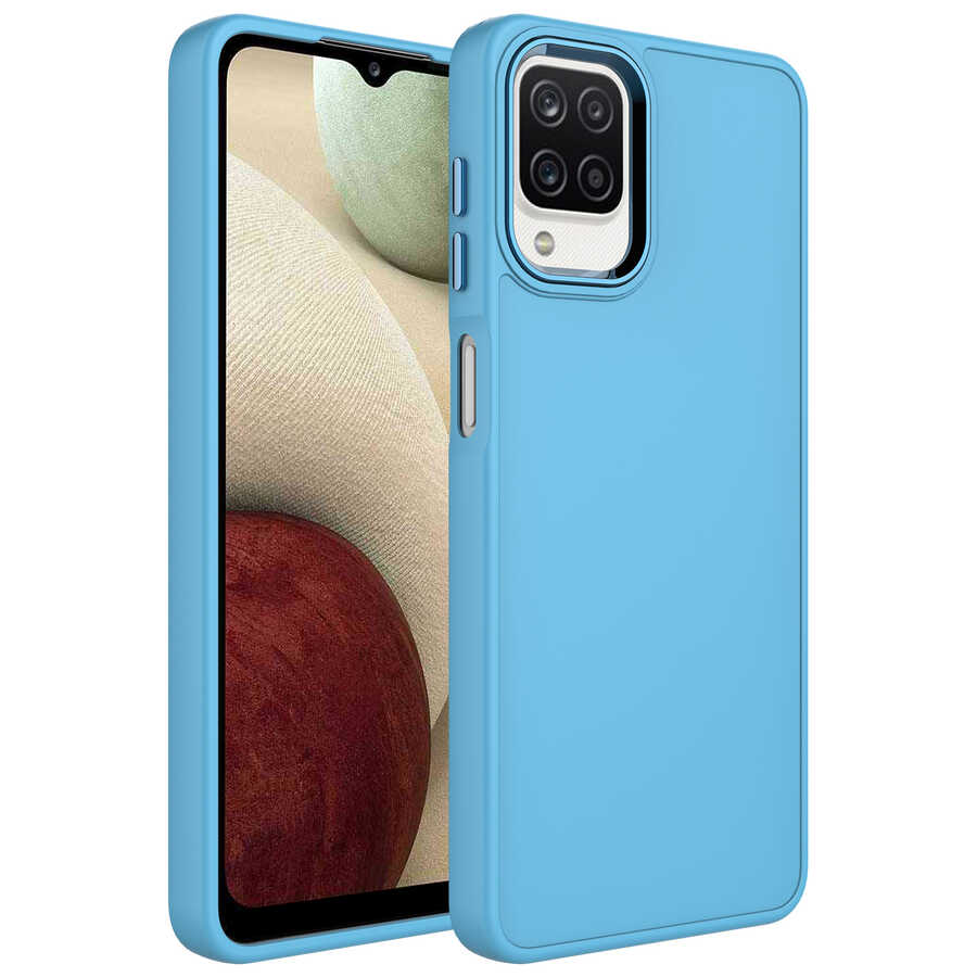 Galaxy M12 Kılıf Metal Çerçeve ve Buton Tasarımlı Silikon Zore Luna Kapak - Sierra Mavi
