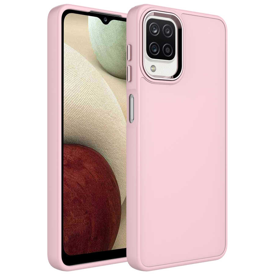 Galaxy M12 Kılıf Metal Çerçeve ve Buton Tasarımlı Silikon Zore Luna Kapak - Pembe