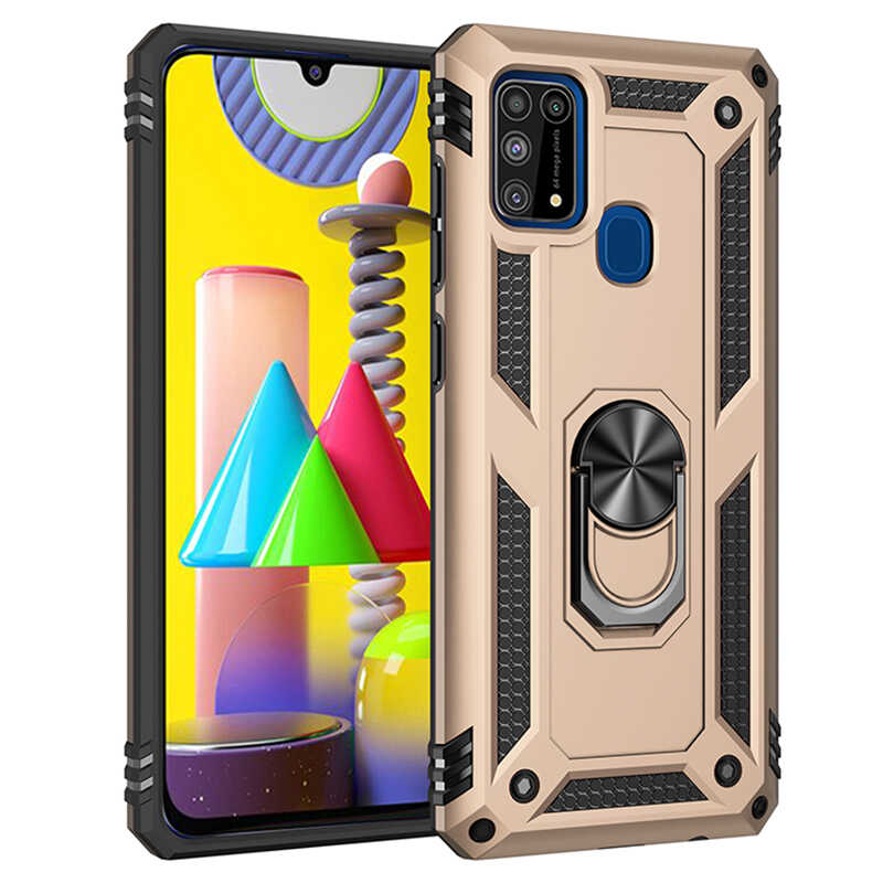 Samsung Galaxy M31 Uyumlu Yüzüklü (Standlı) Zırh Kılıf Gold