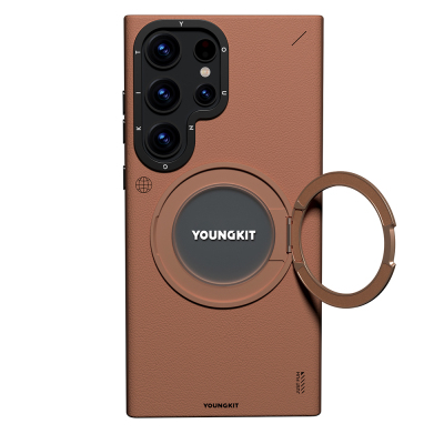 Galaxy S23 Ultra Kılıf M-safe Şarj Özellikli 360° Standlı Basit Mat Deri Desenli Youngkit Tech Leather Serisi Kapak - Youngkit