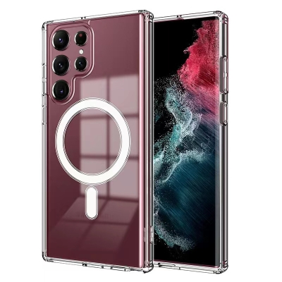 Galaxy S23 Ultra Kılıf Zore M-safe Şarj Özellikli Şeffaf Sert PC Zore Embos Kapak - Zore