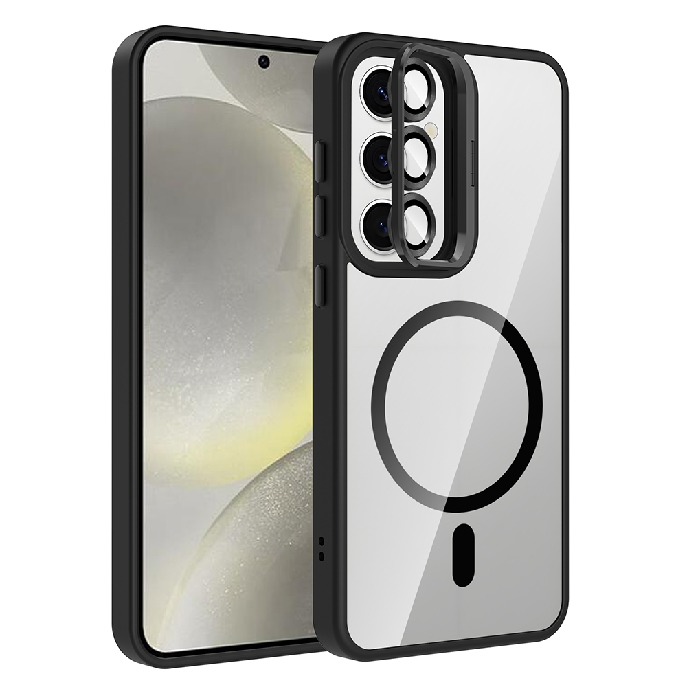 Galaxy S24 FE Kılıf Standlı ve Kamera Lens Hediyeli M-Safe Şarj Özellikli NXXA Etro Kapak - Siyah