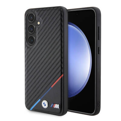Galaxy S24 Kılıf BMW Orjinal Lisanslı M-safe Şarj Özellikli M Logolu Üç Çizgili PU Karbon Kapak - BMW