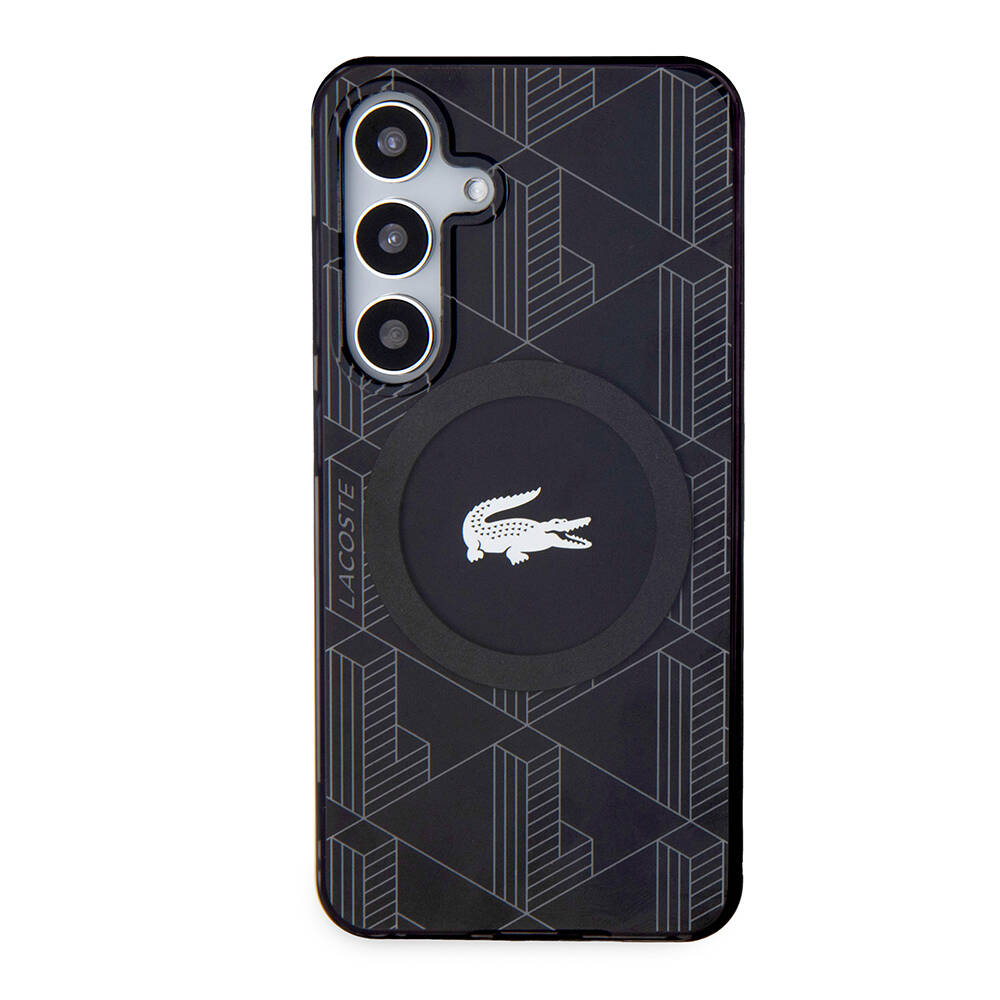 Galaxy S24 Kılıf Lacoste Orjinal Lisanslı M-safe Şarj Özellikli Çift Katmanlı Timsah Logolu Blend Monogram Kapak - Siyah