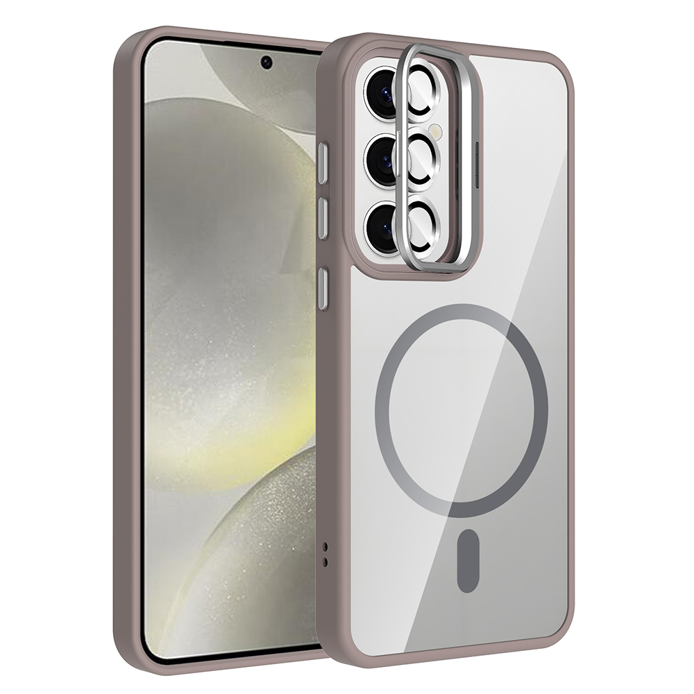 Galaxy S24 Kılıf Standlı ve Kamera Lens Hediyeli M-Safe Şarj Özellikli NXXA Etro Kapak - Gri