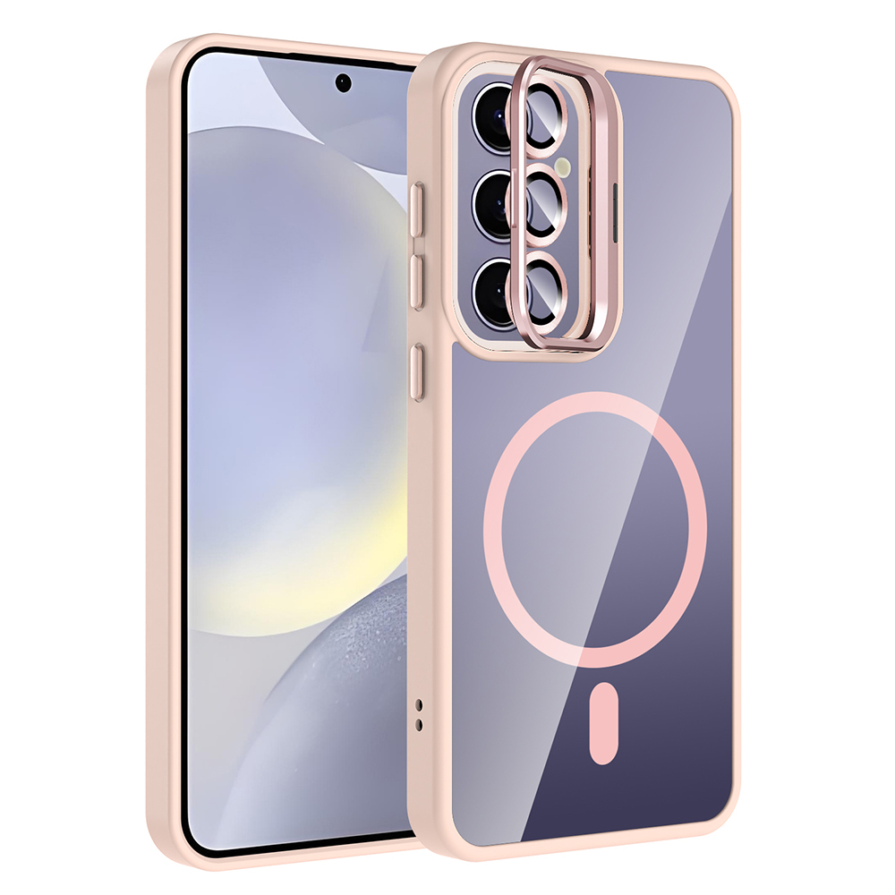 Galaxy S24 Plus Kılıf Standlı ve Kamera Lens Hediyeli M-Safe Şarj Özellikli NXXA Etro Kapak - Pembe