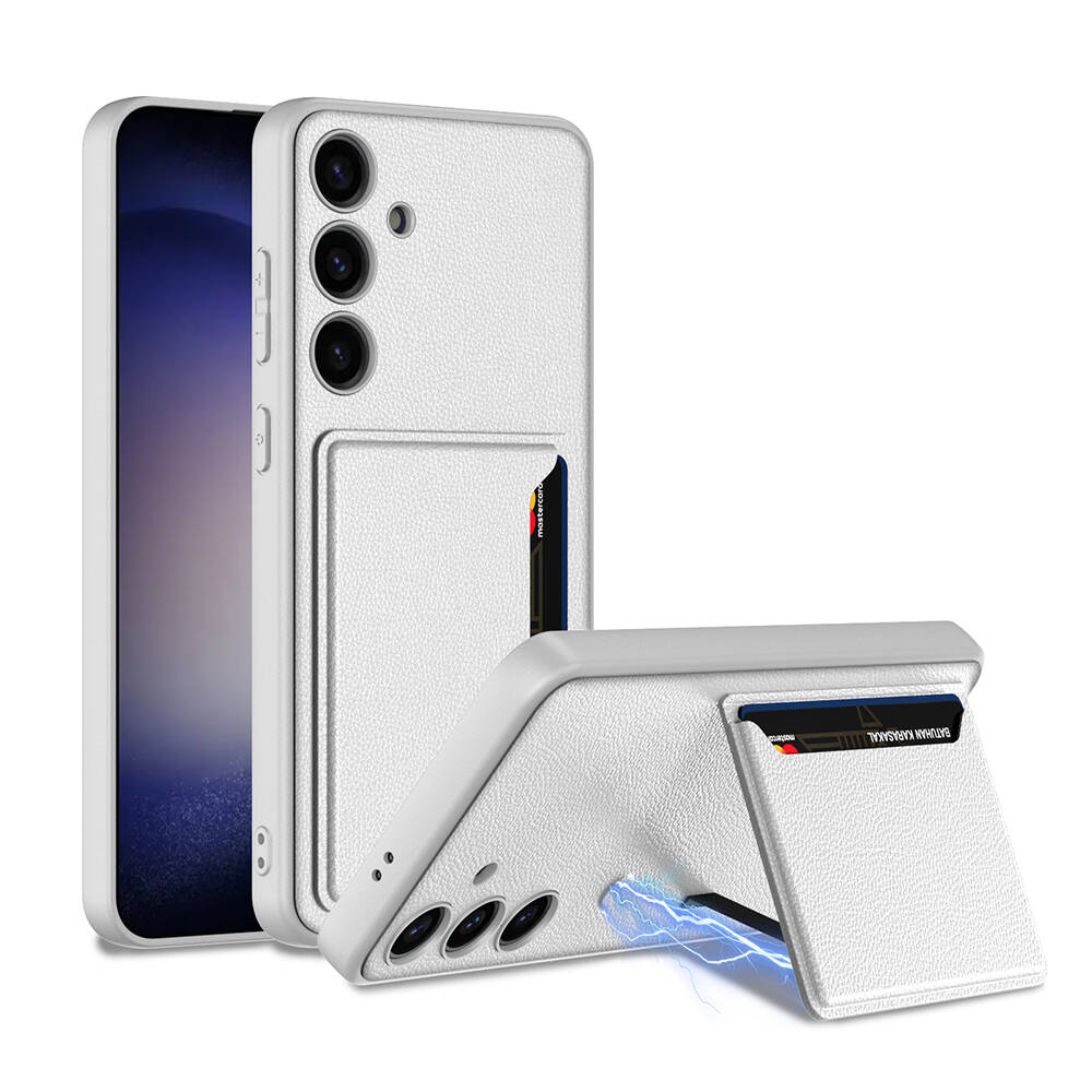 Galaxy S24 Plus Suni Deri Arka Yüzey Zore Kartlıklı Kıpta Silikon Kapak - Gümüş