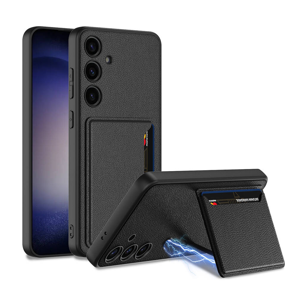 Galaxy S24 Plus Suni Deri Arka Yüzey Zore Kartlıklı Kıpta Silikon Kapak - Siyah