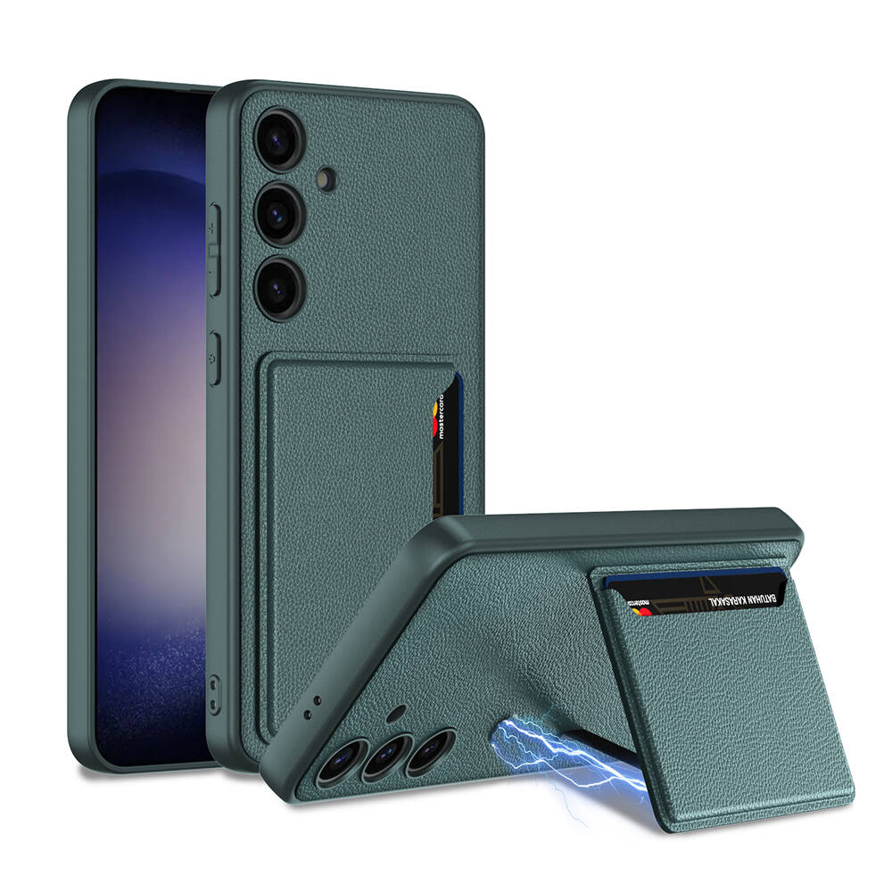 Galaxy S24 Plus Suni Deri Arka Yüzey Zore Kartlıklı Kıpta Silikon Kapak - Yeşil