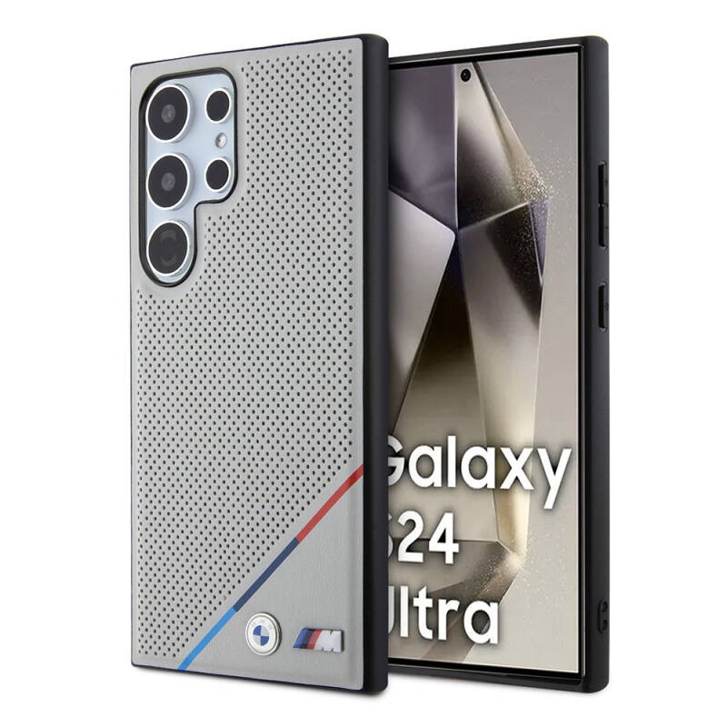 Galaxy S24 Ultra Kılıf BMW Orjinal Lisanslı M-safe Şarj Özellikli M Logolu Üç Çizgili Delikli Deri Kapak - 1