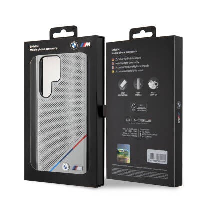 Galaxy S24 Ultra Kılıf BMW Orjinal Lisanslı M-safe Şarj Özellikli M Logolu Üç Çizgili Delikli Deri Kapak - 7