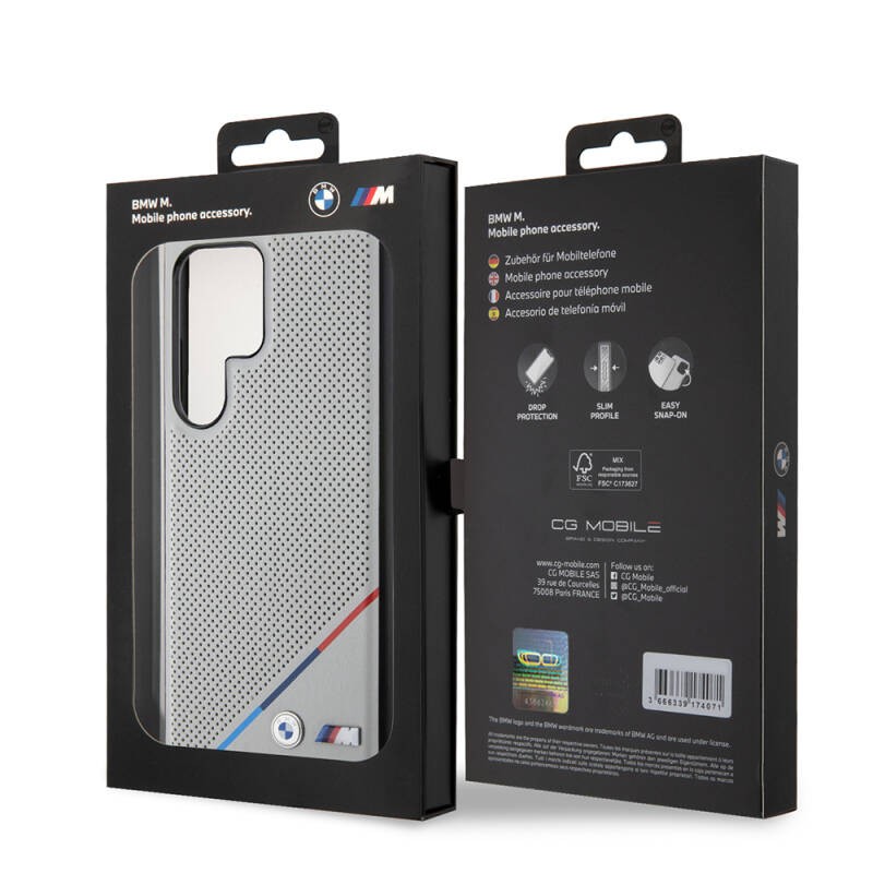 Galaxy S24 Ultra Kılıf BMW Orjinal Lisanslı M-safe Şarj Özellikli M Logolu Üç Çizgili Delikli Deri Kapak - 7