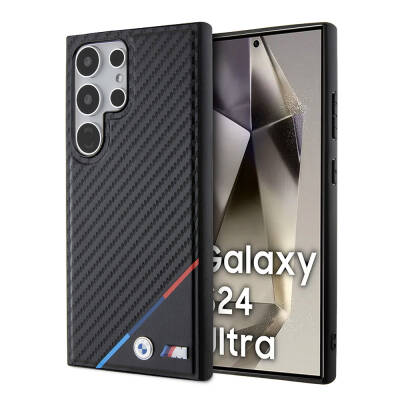 Galaxy S24 Ultra Kılıf BMW Orjinal Lisanslı M-safe Şarj Özellikli M Logolu Üç Çizgili PU Karbon Kapak - BMW