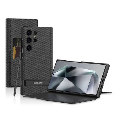 Galaxy S24 Ultra Kılıf Kamera Korumalı Karbon Tasarım Zore Droga Standlı Kartlıklı Kapaklı Kılıf - GKK