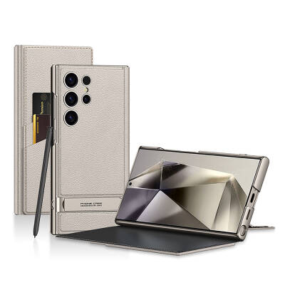 Galaxy S24 Ultra Kılıf Kamera Korumalı Suni Deri Tasarım Zore Droga Standlı Kartlıklı Kapaklı Kılıf - GKK