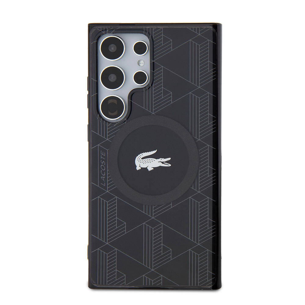 Galaxy S24 Ultra Kılıf Lacoste Orjinal Lisanslı M-safe Şarj Özellikli Çift Katmanlı Timsah Logolu Blend Monogram Kapak - Siyah