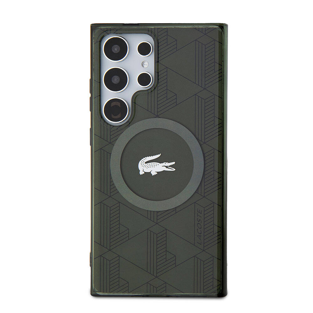 Galaxy S24 Ultra Kılıf Lacoste Orjinal Lisanslı M-safe Şarj Özellikli Çift Katmanlı Timsah Logolu Blend Monogram Kapak - Haki